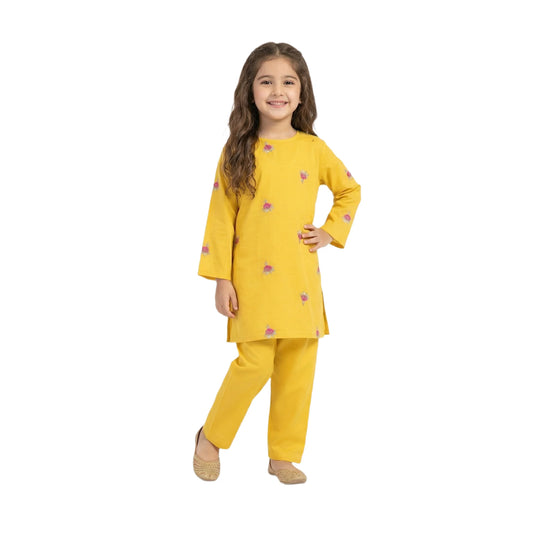 Full-Sleeve Girls Mustard Yellow Floral Embroidered Tunic & Matching Trousers 2-Piece Set