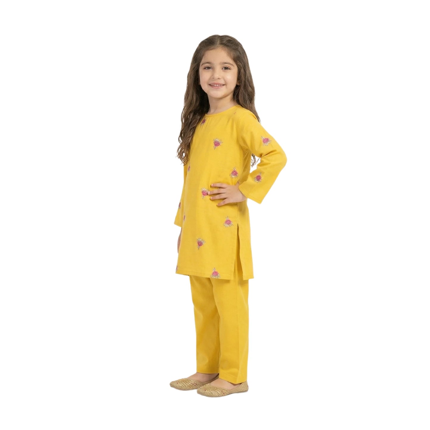 Full-Sleeve Girls Mustard Yellow Floral Embroidered Tunic & Matching Trousers 2-Piece Set