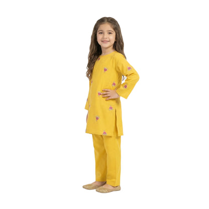 Full-Sleeve Girls Mustard Yellow Floral Embroidered Tunic & Matching Trousers 2-Piece Set