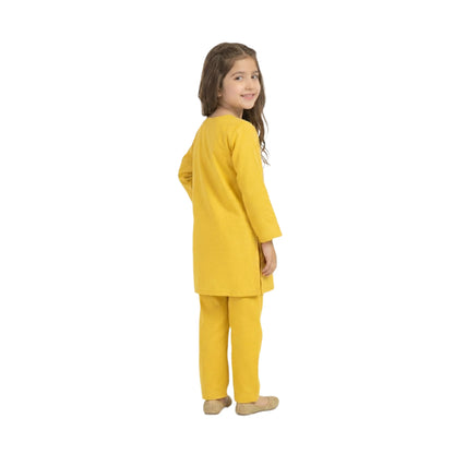 Full-Sleeve Girls Mustard Yellow Floral Embroidered Tunic & Matching Trousers 2-Piece Set
