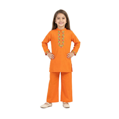 Full-Sleeve Girls Orange Cotton Kurta & Matching Trousers 2-Piece Set