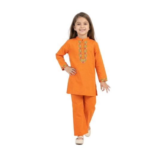 Full-Sleeve Girls Orange Cotton Kurta & Matching Trousers 2-Piece Set