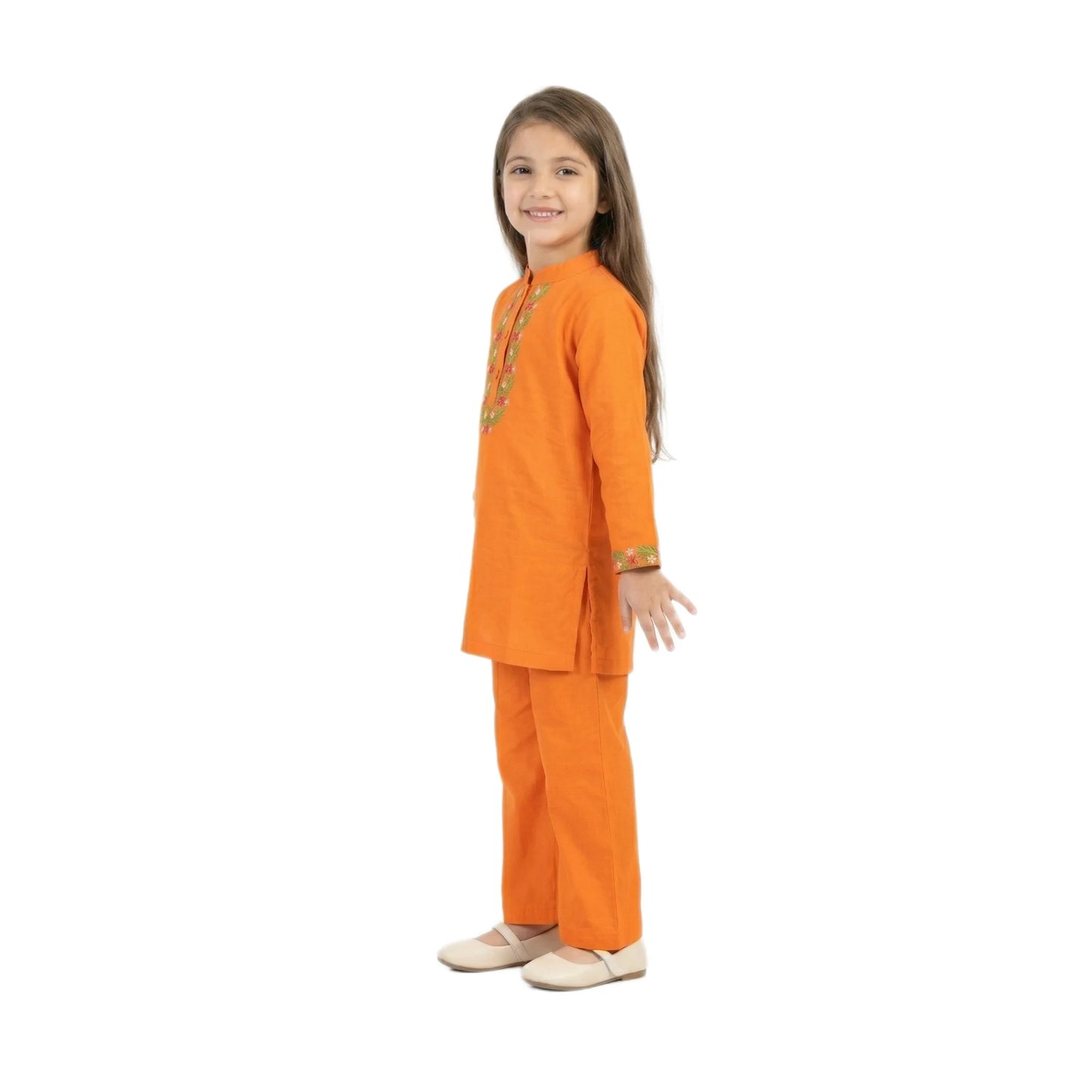 Full-Sleeve Girls Orange Cotton Kurta & Matching Trousers 2-Piece Set
