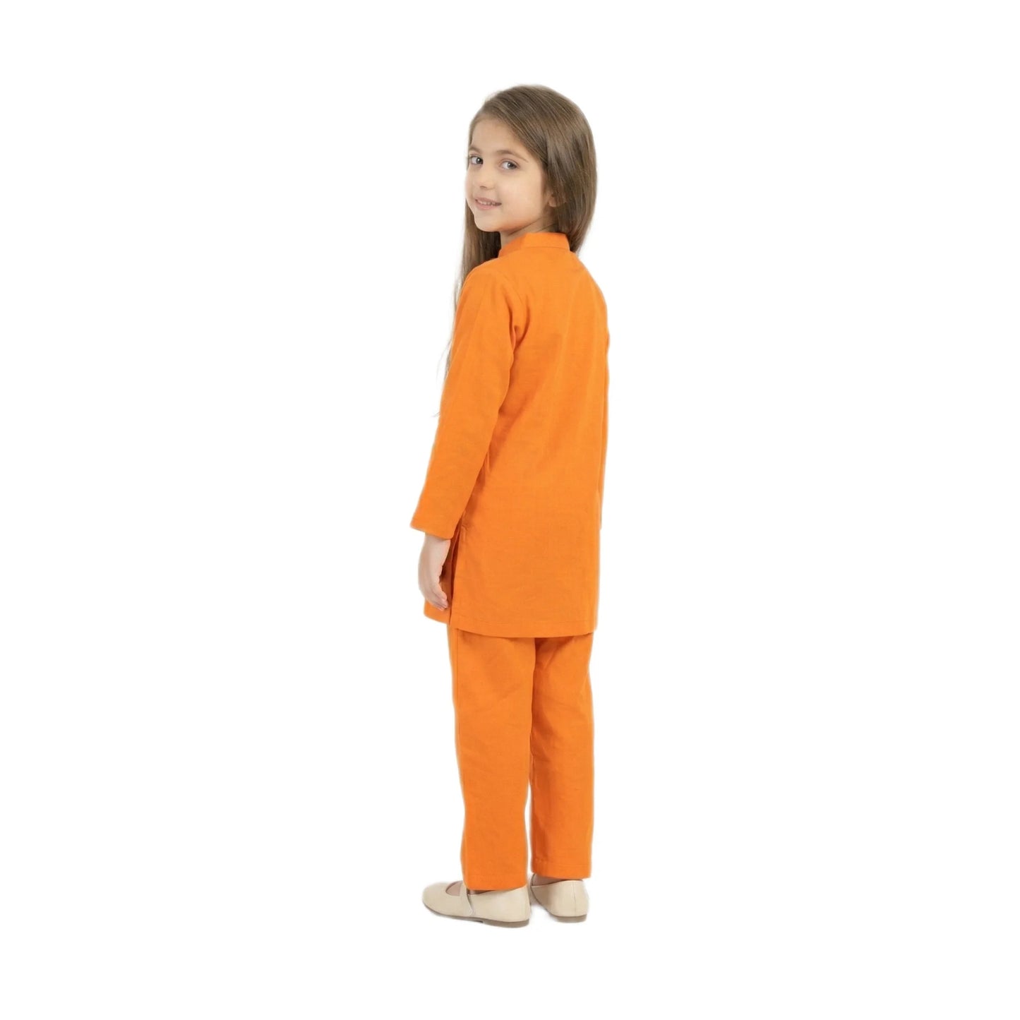Full-Sleeve Girls Orange Cotton Kurta & Matching Trousers 2-Piece Set