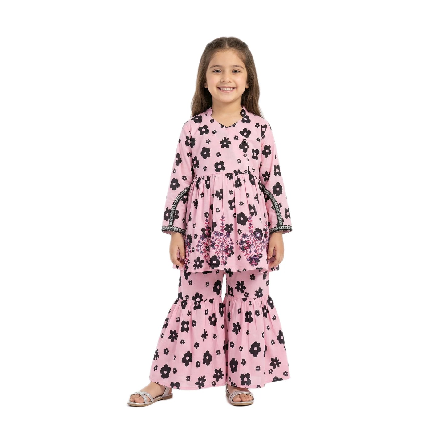 Full-Sleeve Girls Pink & Black Floral Print Frock & Matching Sharara 2-Piece Set