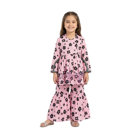 Full-Sleeve Girls Pink & Black Floral Print Frock & Matching Sharara 2-Piece Set