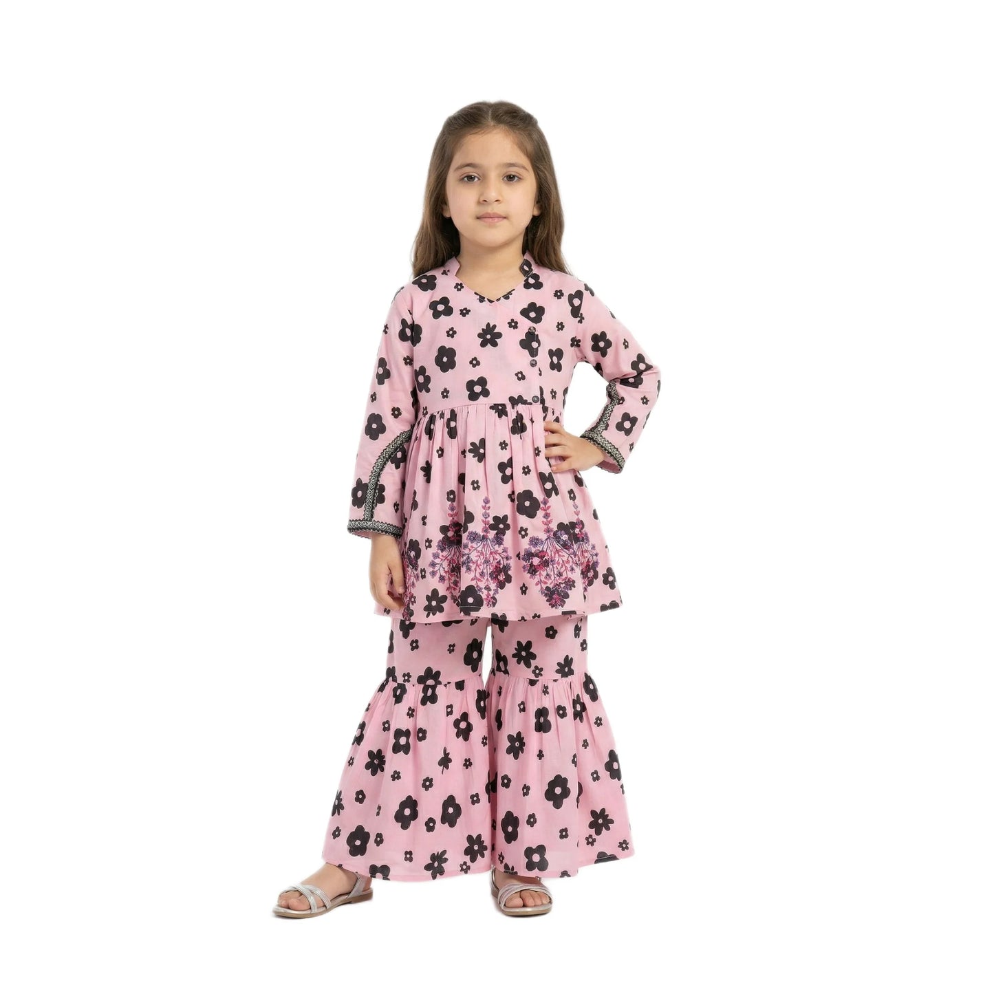 Full-Sleeve Girls Pink & Black Floral Print Frock & Matching Sharara 2-Piece Set