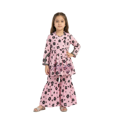 Full-Sleeve Girls Pink & Black Floral Print Frock & Matching Sharara 2-Piece Set