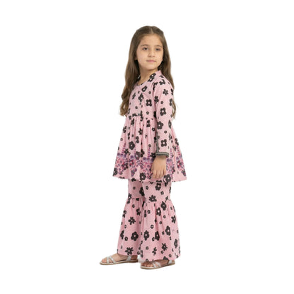 Full-Sleeve Girls Pink & Black Floral Print Frock & Matching Sharara 2-Piece Set