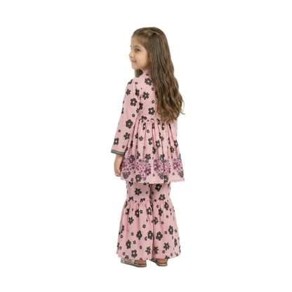 Full-Sleeve Girls Pink & Black Floral Print Frock & Matching Sharara 2-Piece Set