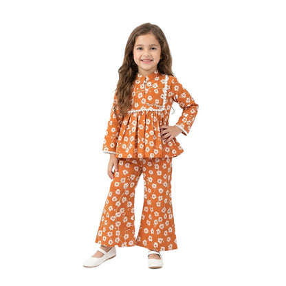 Full-Sleeve Girls Rust Orange Floral Peplum Top & Matching Floral Sharara 2-Piece Set