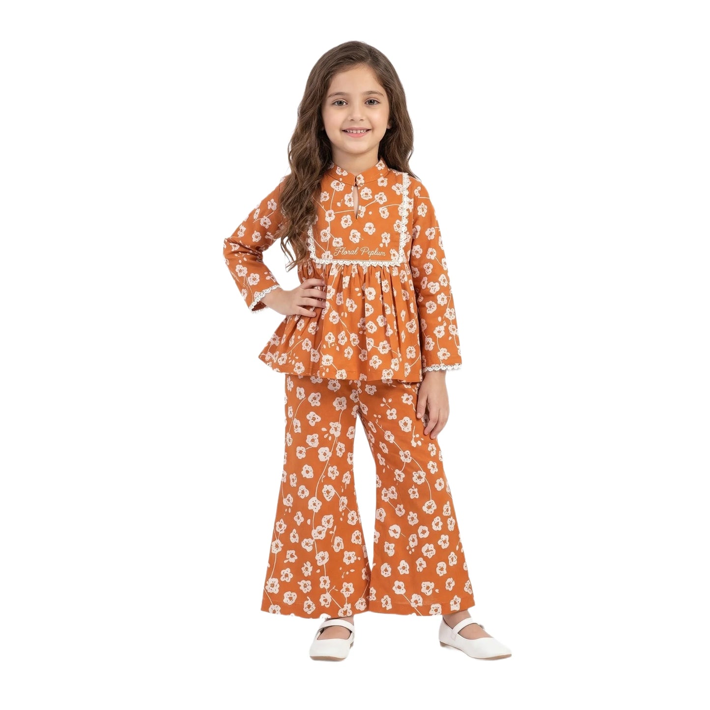 Full-Sleeve Girls Rust Orange Floral Peplum Top & Matching Floral Sharara 2-Piece Set