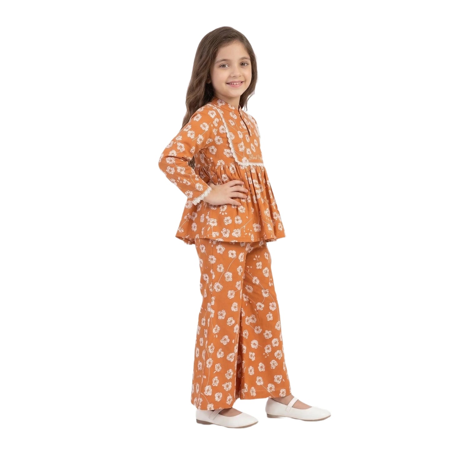Full-Sleeve Girls Rust Orange Floral Peplum Top & Matching Floral Sharara 2-Piece Set