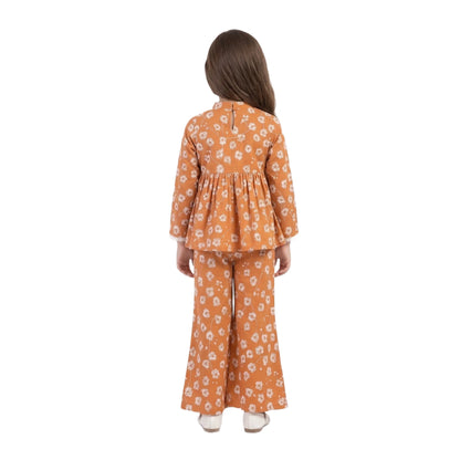 Full-Sleeve Girls Rust Orange Floral Peplum Top & Matching Floral Sharara 2-Piece Set