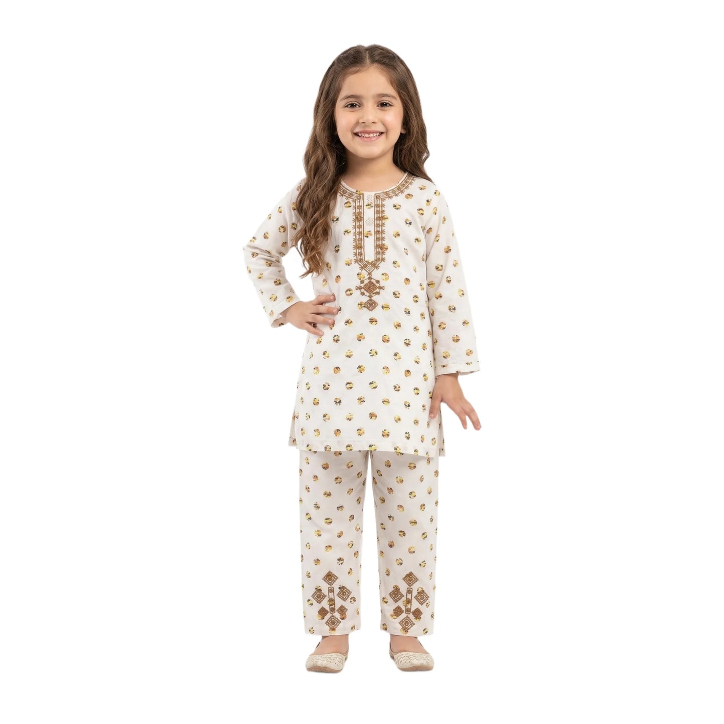Full-Sleeve Girls White & Bronze Geometric Embroidered Cotton Shirt & Matching Trousers 2-Piece Set