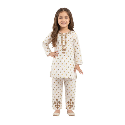 Full-Sleeve Girls White & Bronze Geometric Embroidered Cotton Shirt & Matching Trousers 2-Piece Set