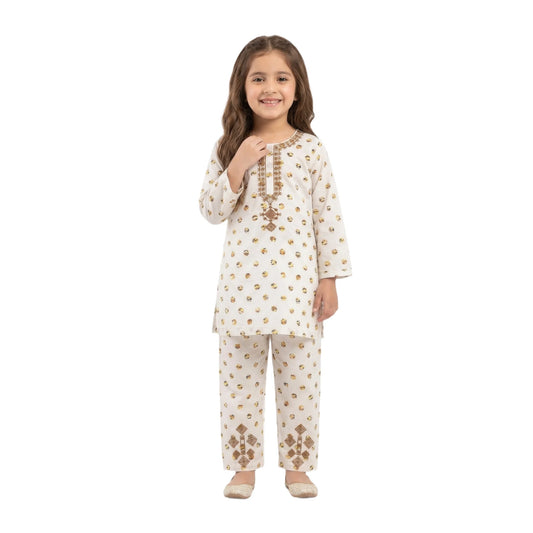 Full-Sleeve Girls White & Bronze Geometric Embroidered Cotton Shirt & Matching Trousers 2-Piece Set