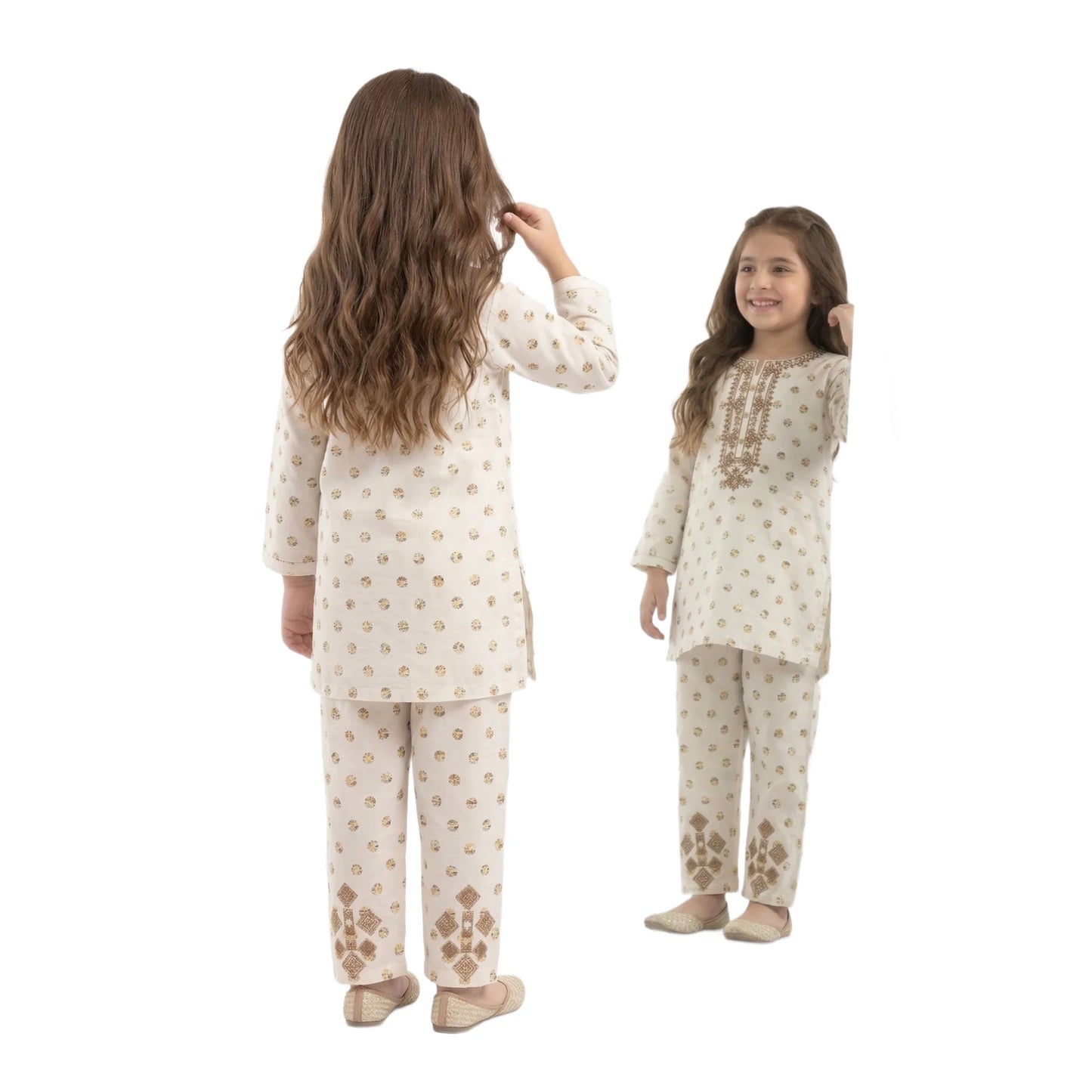 Full-Sleeve Girls White & Bronze Geometric Embroidered Cotton Shirt & Matching Trousers 2-Piece Set