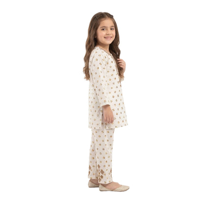 Full-Sleeve Girls White & Bronze Geometric Embroidered Cotton Shirt & Matching Trousers 2-Piece Set