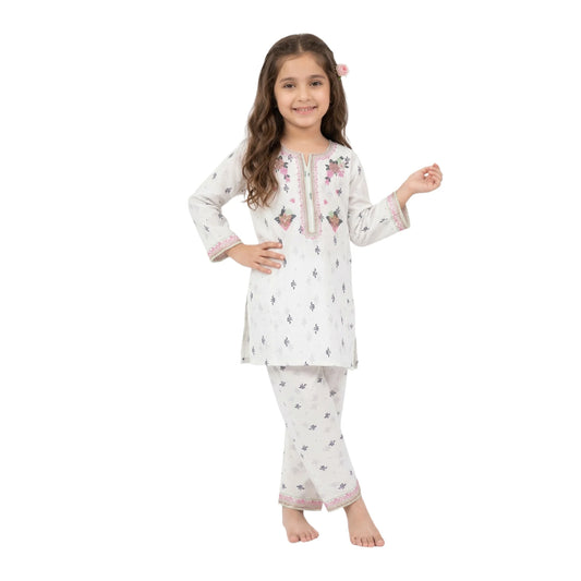 Girls White Cotton Printed Kurta & Pant Set with Pink Embroidery