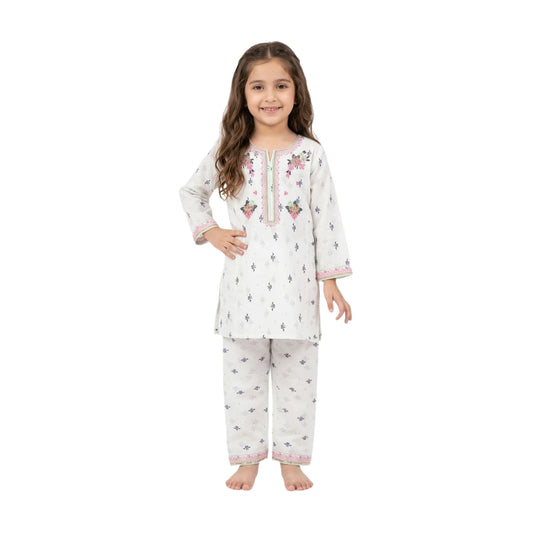 Girls White Cotton Printed Kurta & Pant Set with Pink Embroidery