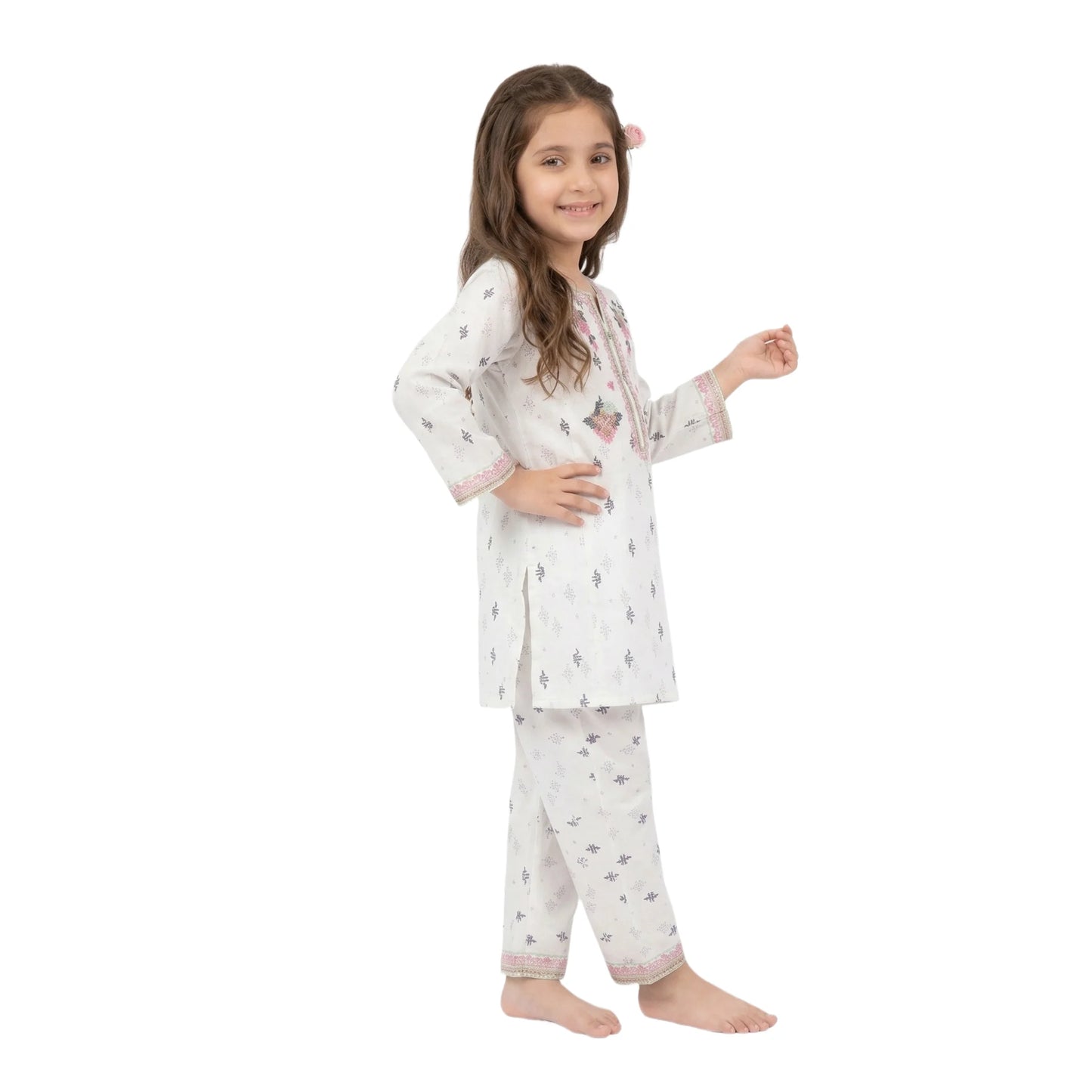 Girls White Cotton Printed Kurta & Pant Set with Pink Embroidery