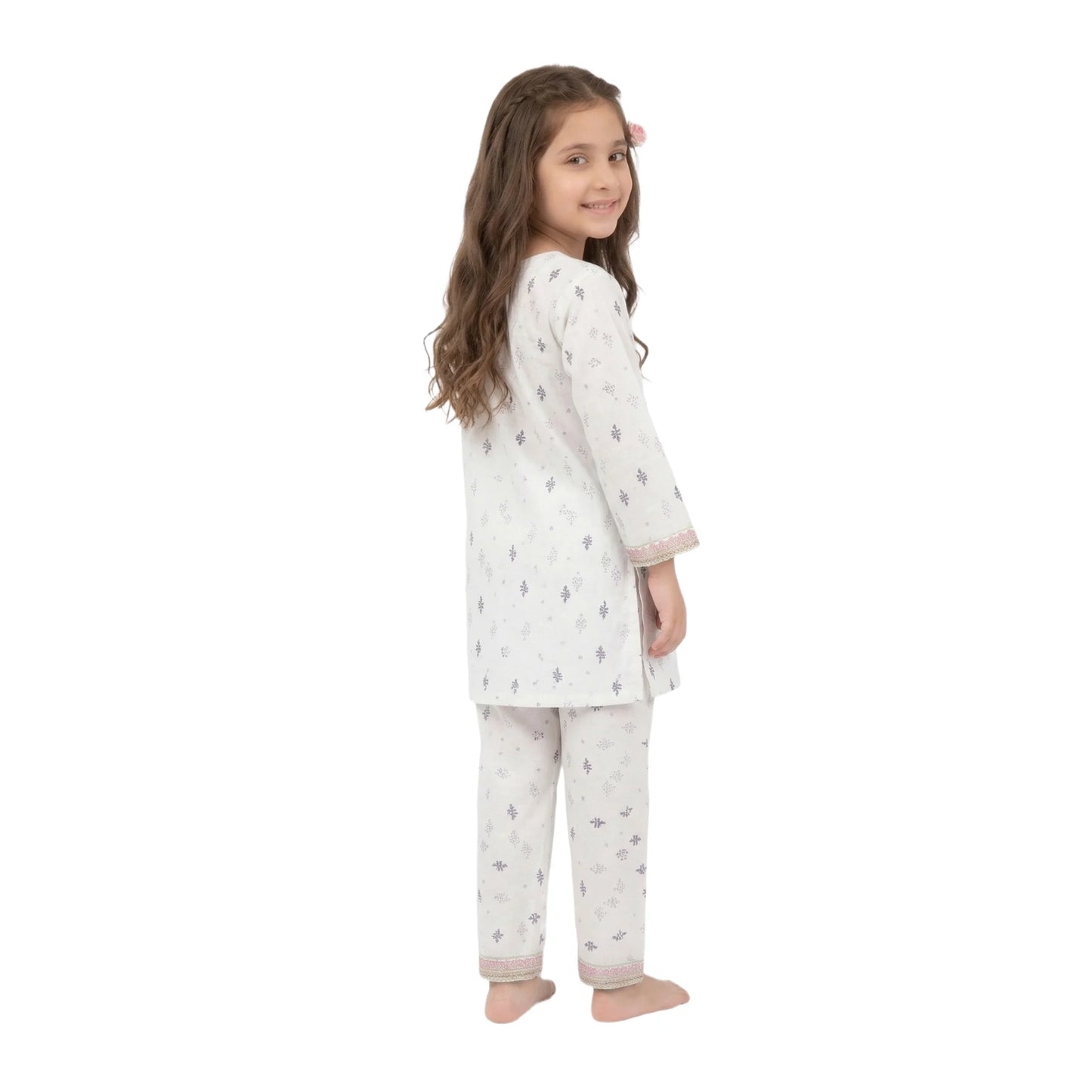 Girls White Cotton Printed Kurta & Pant Set with Pink Embroidery