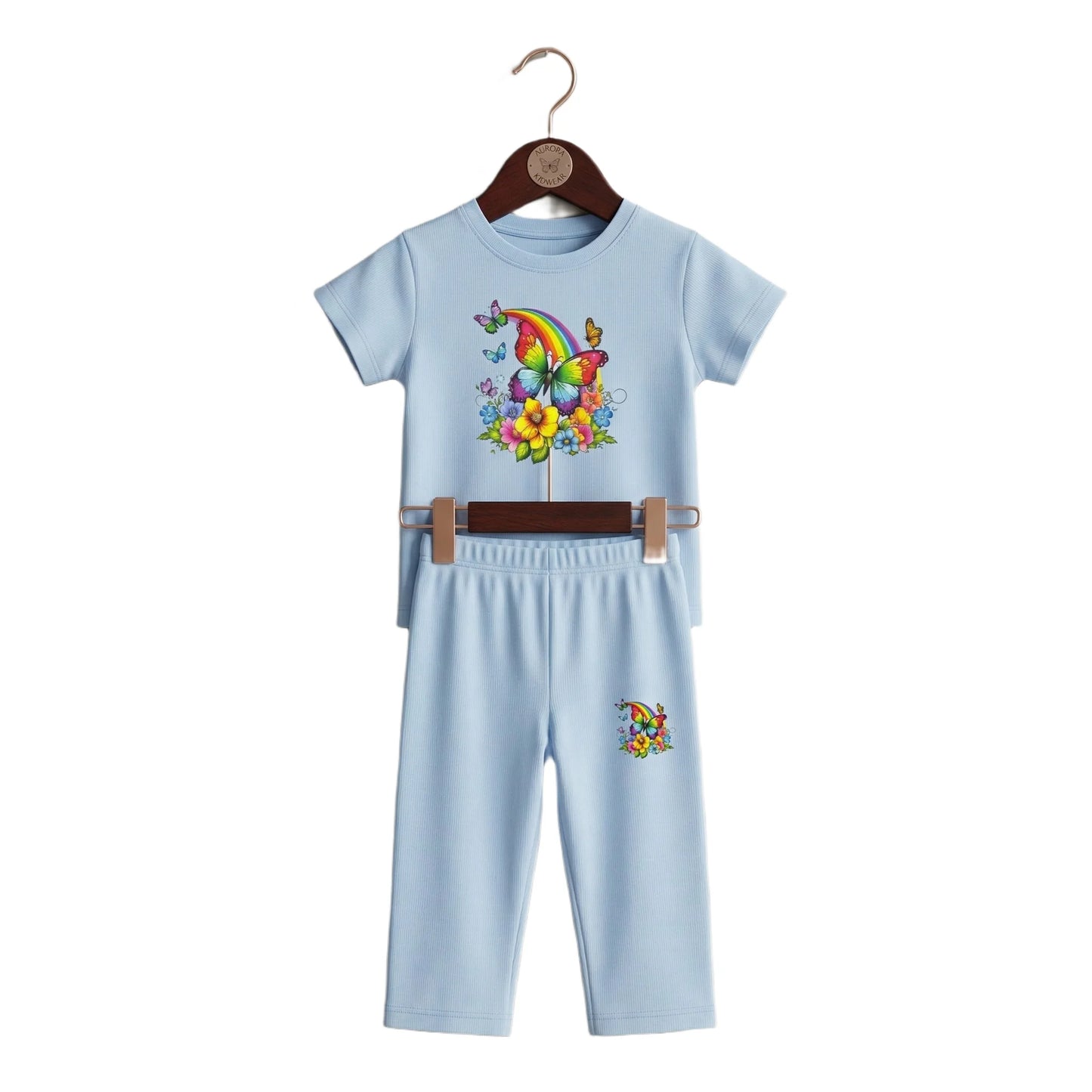 Half-Sleeve Baby Blue Rainbow Butterfly & Flowers 2-Piece Outfit for Toddlers & Girls