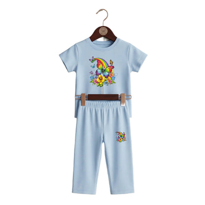 Half-Sleeve Baby Blue Rainbow Butterfly & Flowers 2-Piece Outfit for Toddlers & Girls