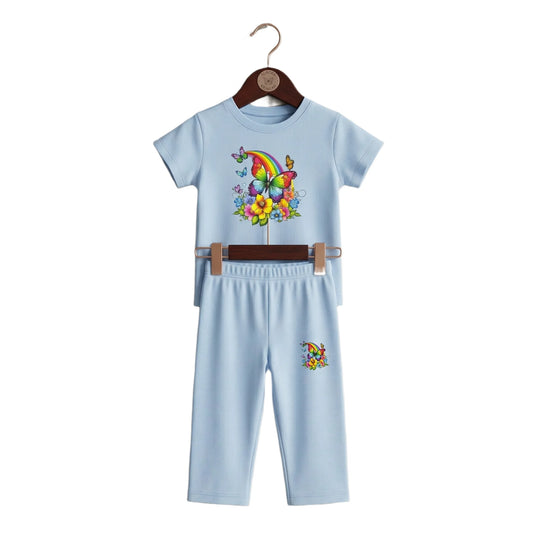 Half-Sleeve Baby Blue Rainbow Butterfly & Flowers 2-Piece Outfit for Toddlers & Girls