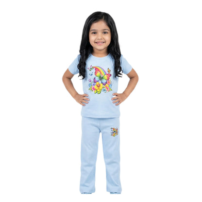 Half-Sleeve Baby Blue Rainbow Butterfly & Flowers 2-Piece Outfit for Toddlers & Girls