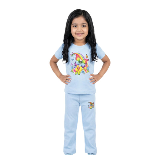 Half-Sleeve Baby Blue Rainbow Butterfly & Flowers 2-Piece Outfit for Toddlers & Girls