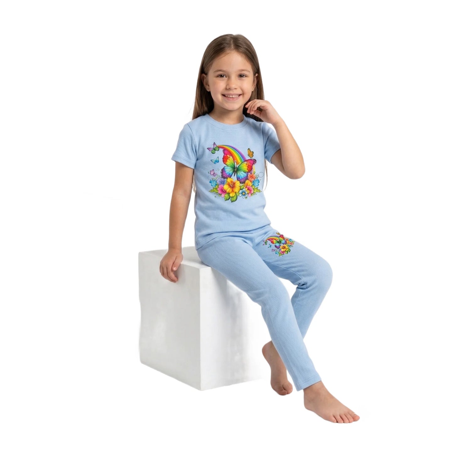 Half-Sleeve Baby Blue Rainbow Butterfly & Flowers 2-Piece Outfit for Toddlers & Girls