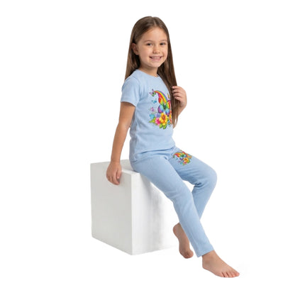 Half-Sleeve Baby Blue Rainbow Butterfly & Flowers 2-Piece Outfit for Toddlers & Girls