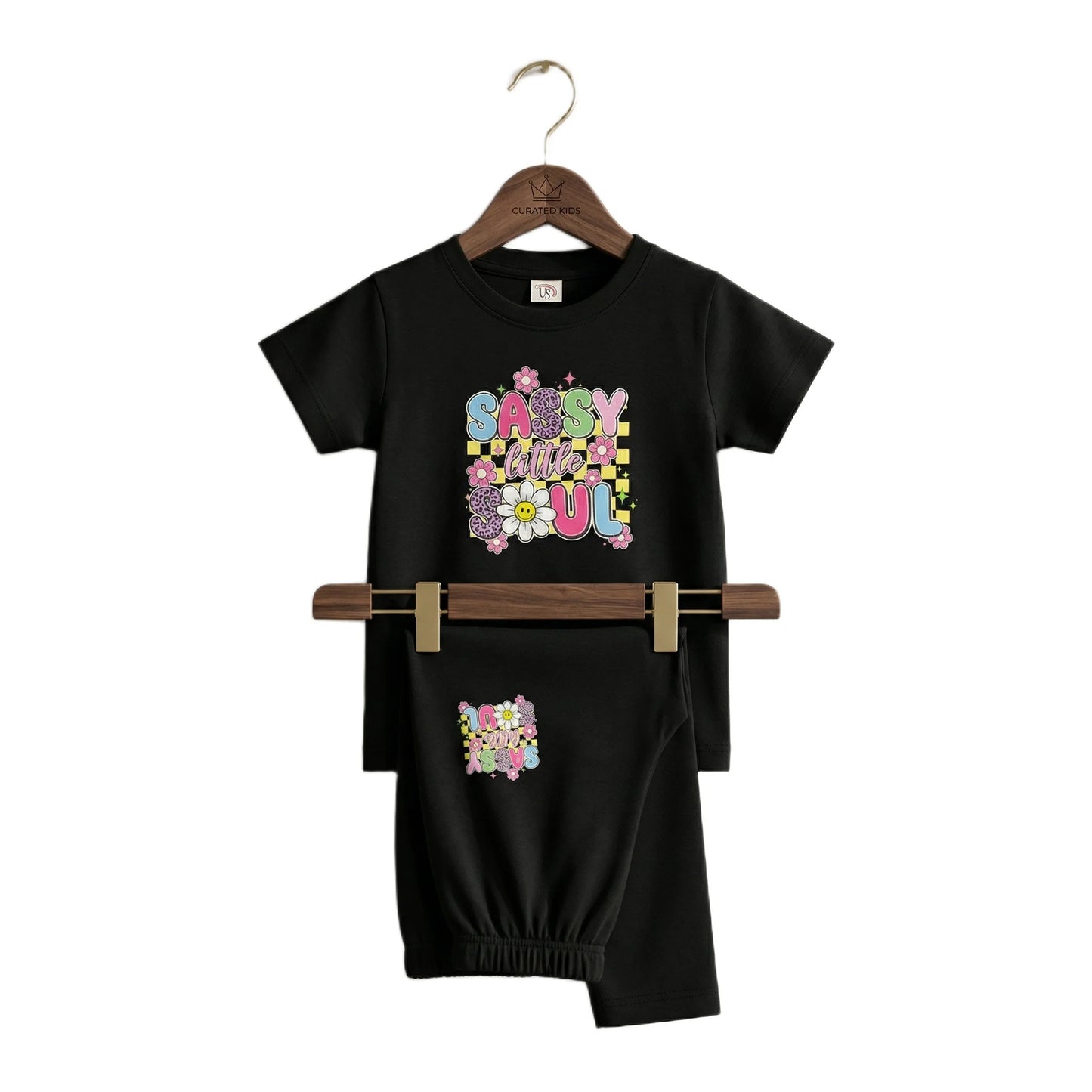 Half-Sleeve Black Sassy Little Soul Retro Graphic Tee Paired with Same Trousers 2 Piece Outfit