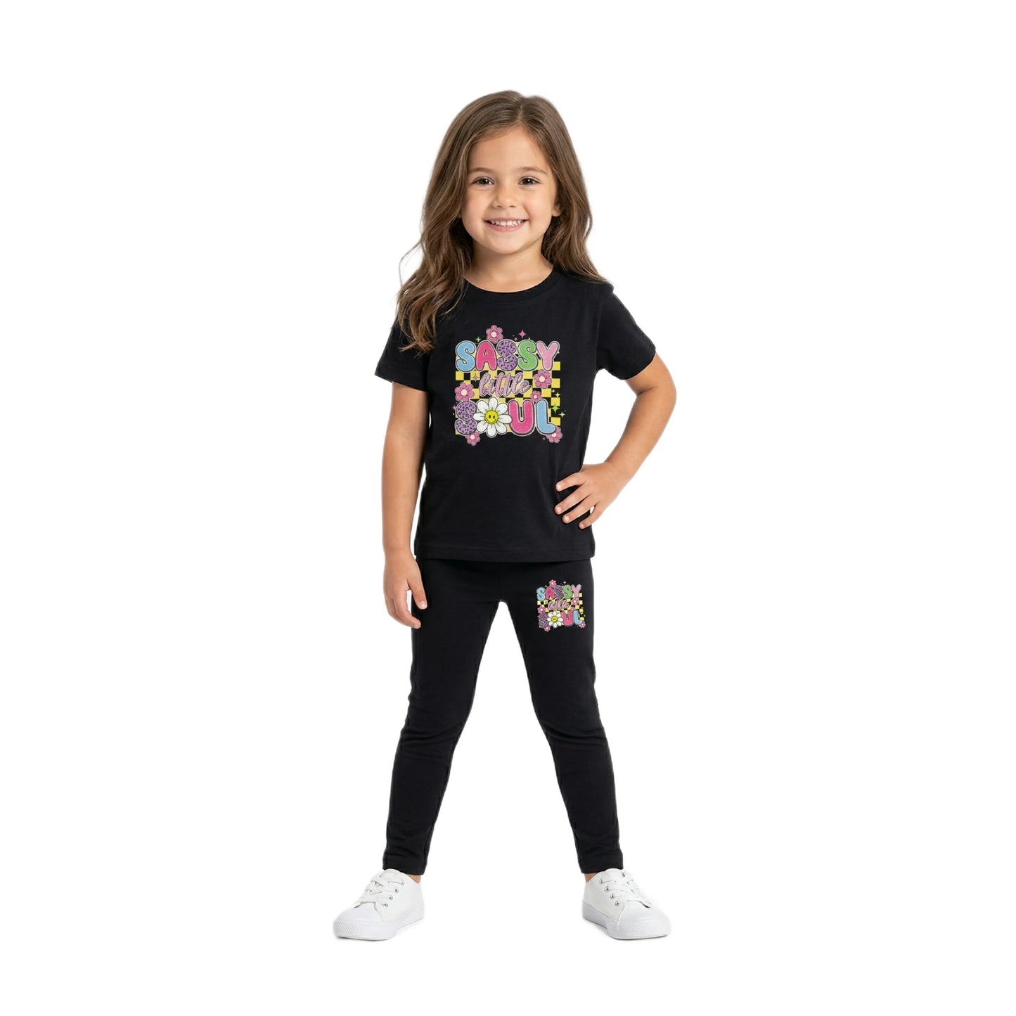 Half-Sleeve Black Sassy Little Soul Retro Graphic Tee Paired with Same Trousers 2 Piece Outfit