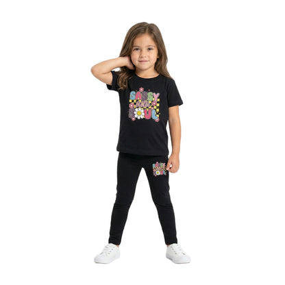 Half-Sleeve Black Sassy Little Soul Retro Graphic Tee Paired with Same Trousers 2 Piece Outfit