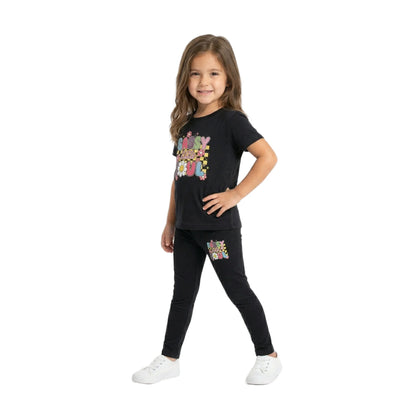 Half-Sleeve Black Sassy Little Soul Retro Graphic Tee Paired with Same Trousers 2 Piece Outfit