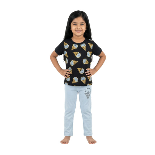 Half-Sleeve Black & Blue Ice Cream Print 2-Piece Set
