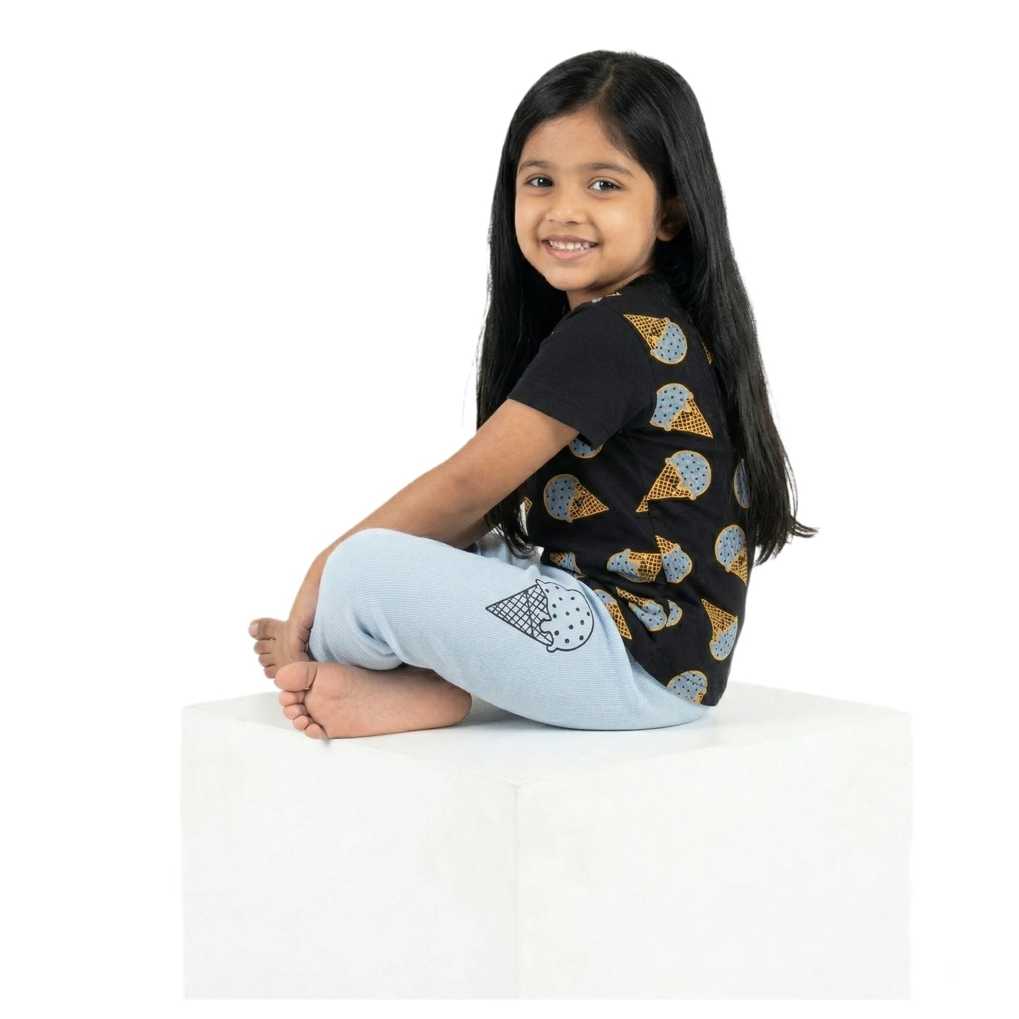 Half-Sleeve Black & Blue Ice Cream Print 2-Piece Set