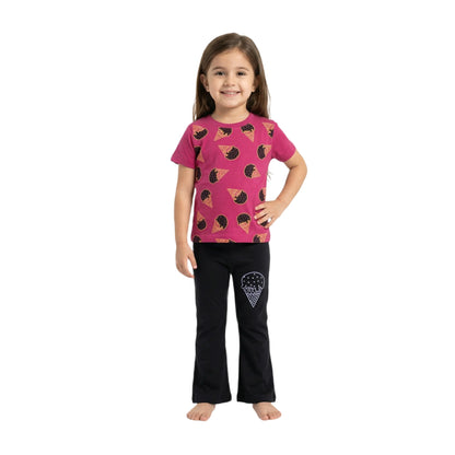 Half-Sleeve Dark Pink & Black Ice Cream Print 2-Piece Outfit