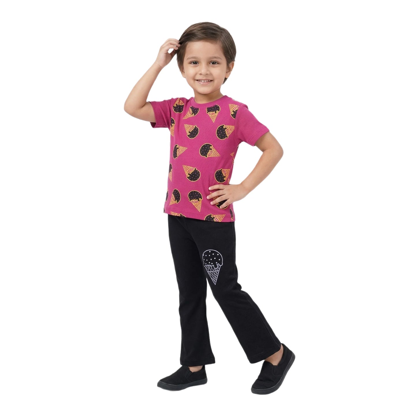Half-Sleeve Dark Pink & Black Ice Cream Print 2-Piece Outfit
