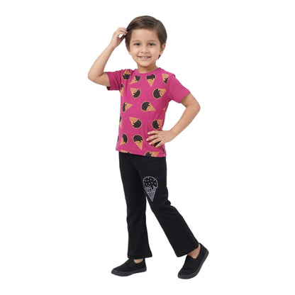 Half-Sleeve Dark Pink & Black Ice Cream Print 2-Piece Outfit