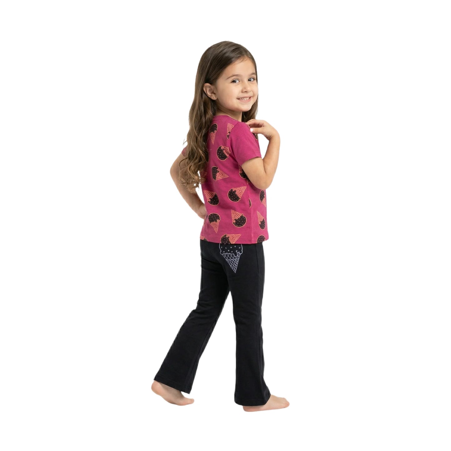 Half-Sleeve Dark Pink & Black Ice Cream Print 2-Piece Outfit