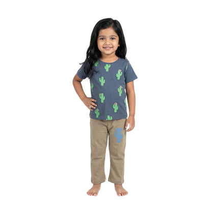Half-Sleeve Dark Slate Blue Gray & Earthy Beige Cactus Print 2-Piece Outfit