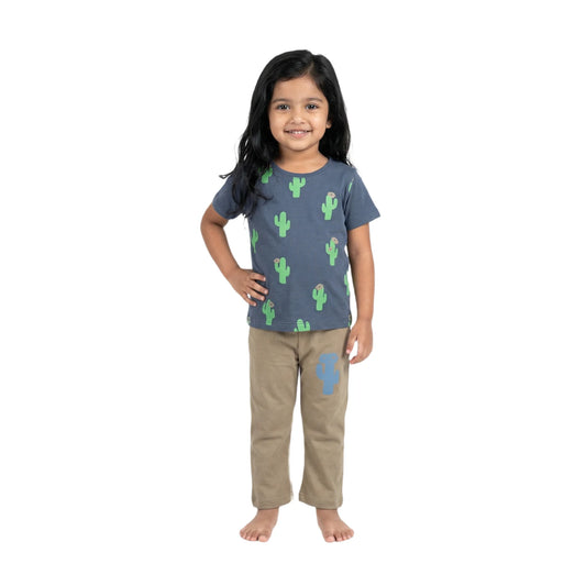 Half-Sleeve Dark Slate Blue Gray & Earthy Beige Cactus Print 2-Piece Outfit