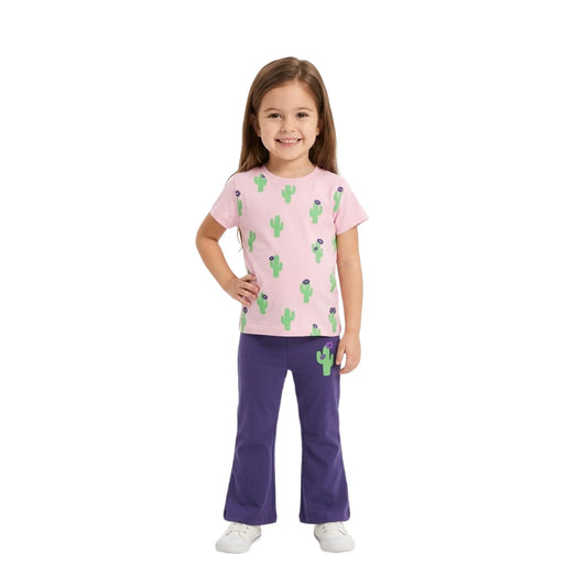 Half-Sleeve Girls Pink & Purple Cactus Print Tee & Flare Pants 2-Piece Outfit