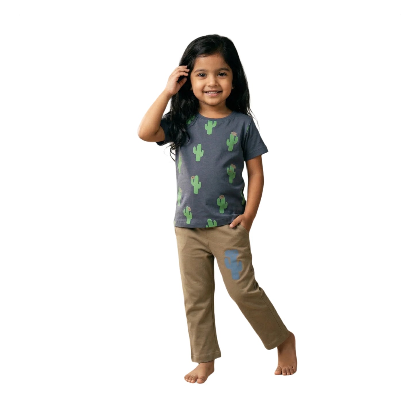 Half-Sleeve Dark Slate Blue Gray & Earthy Beige Cactus Print 2-Piece Outfit