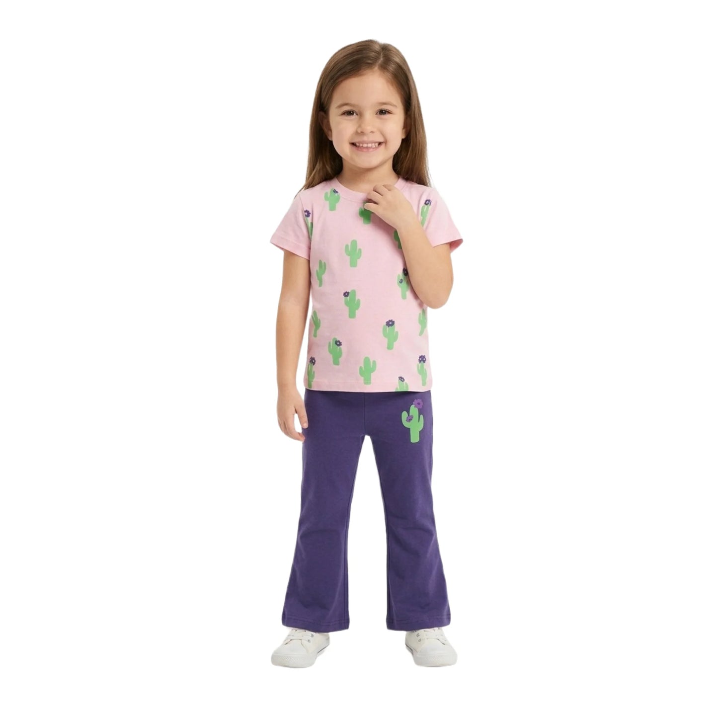 Half-Sleeve Girls Pink & Purple Cactus Print Tee & Flare Pants 2-Piece Outfit