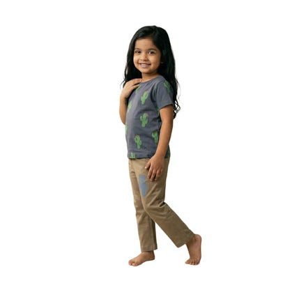 Half-Sleeve Dark Slate Blue Gray & Earthy Beige Cactus Print 2-Piece Outfit